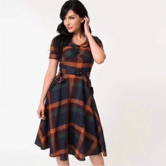 Voodoo Vixen Samantha Plaid Tartan Midi Dress Pinup Retro Large - Picture 1 of 8